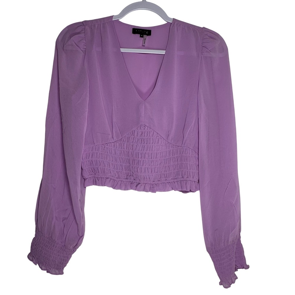 1.STATE Womens Purple‎ Smocked Waist V-Neck Chiffon Crop Top Long Sleeve XS